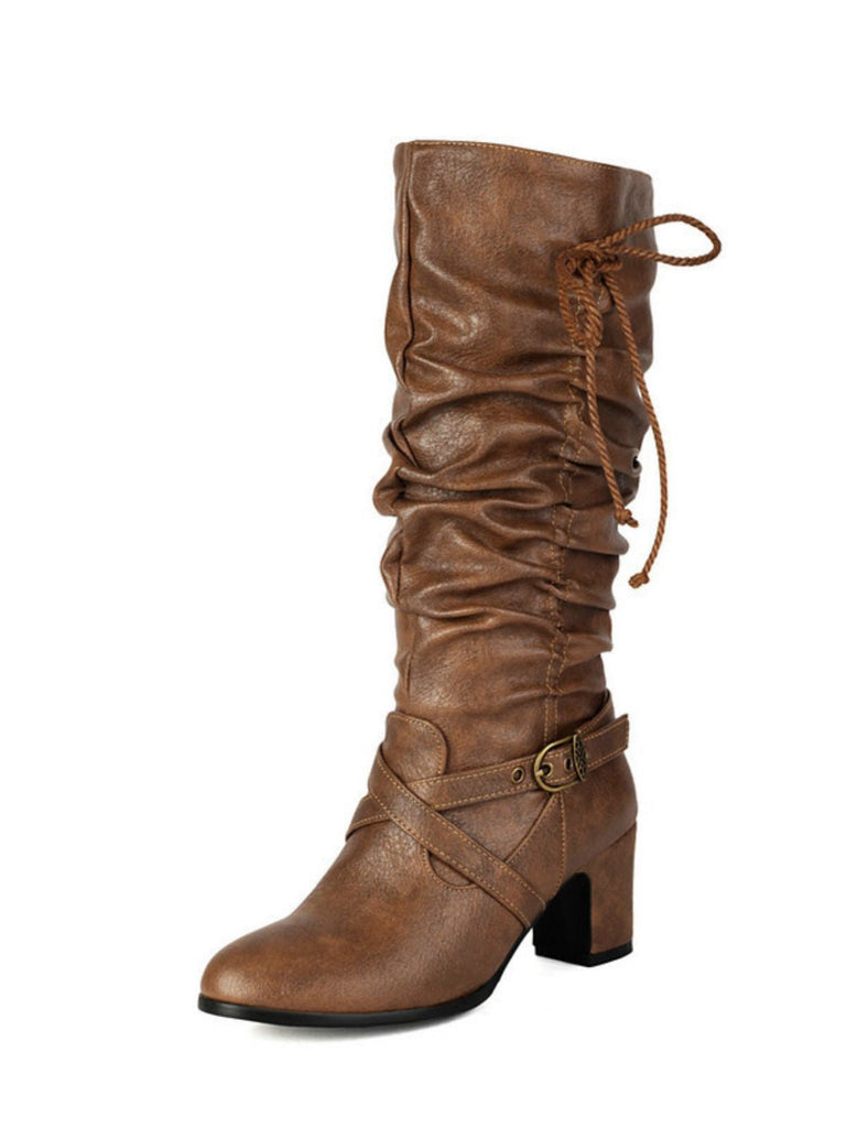 Vintage Solide Schnalle Gerüscht Klobige Absätze Stiefel