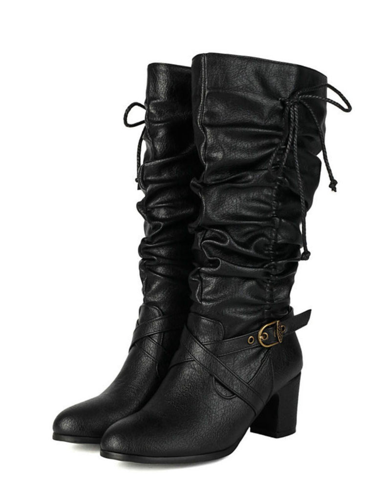 Vintage Solide Schnalle Gerüscht Klobige Absätze Stiefel