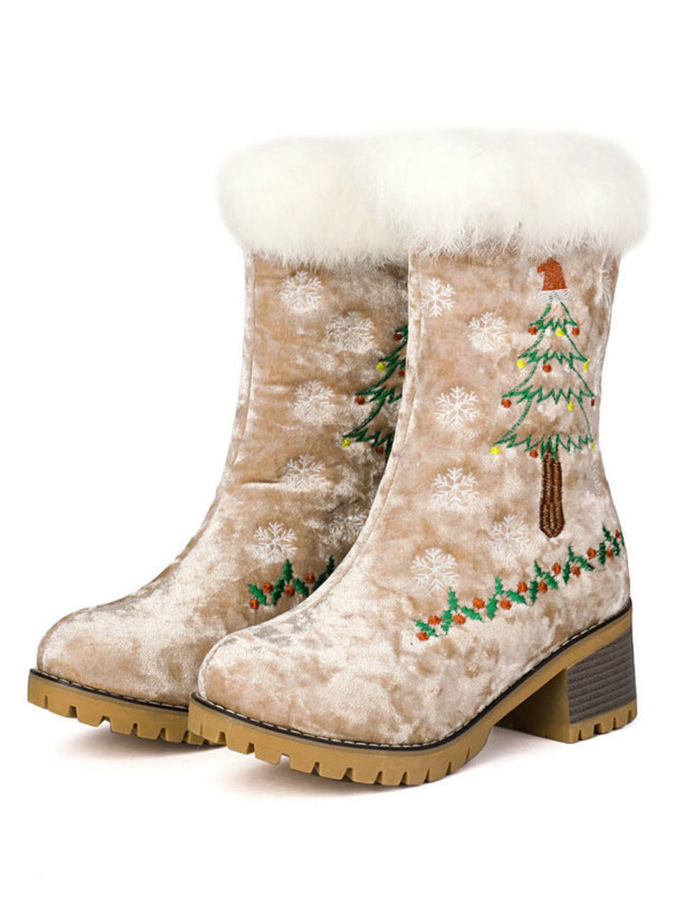 Vintage Weihnachtsbaum Schneeflocke Plüsch Klobig Ferse Stiefel