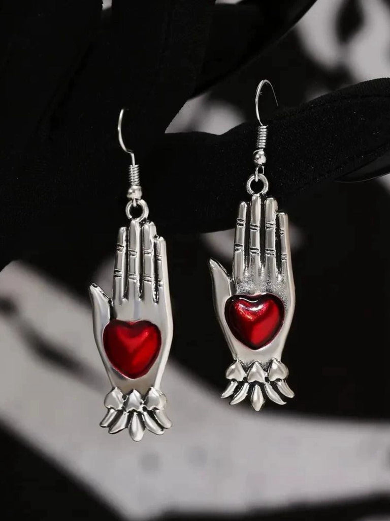 Rot & Silber Vintage Gothic Herz Handschuh Ohrringe
