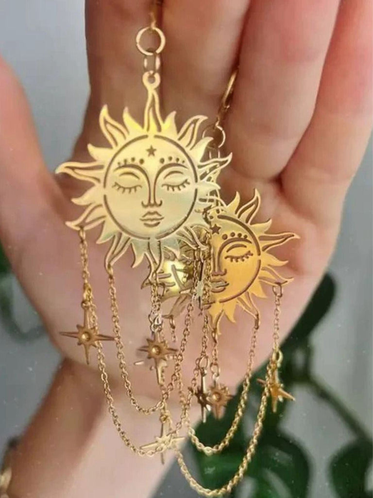 Gold Vintage Sonne Gesicht Kette Tarot Ohrringe