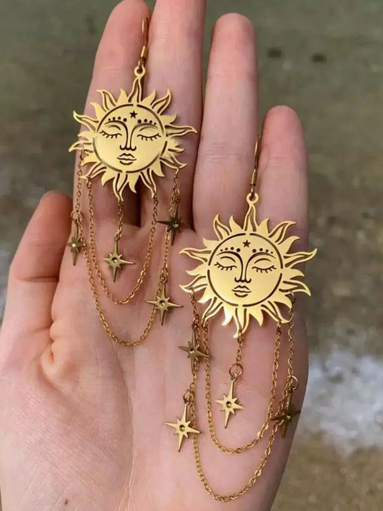 Gold Vintage Sonne Gesicht Kette Tarot Ohrringe