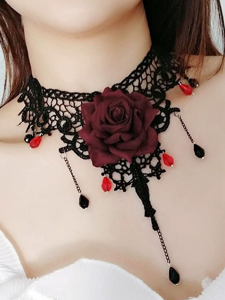 Gothic 3D Rose Edelstein Anhänger Choker Halskette
