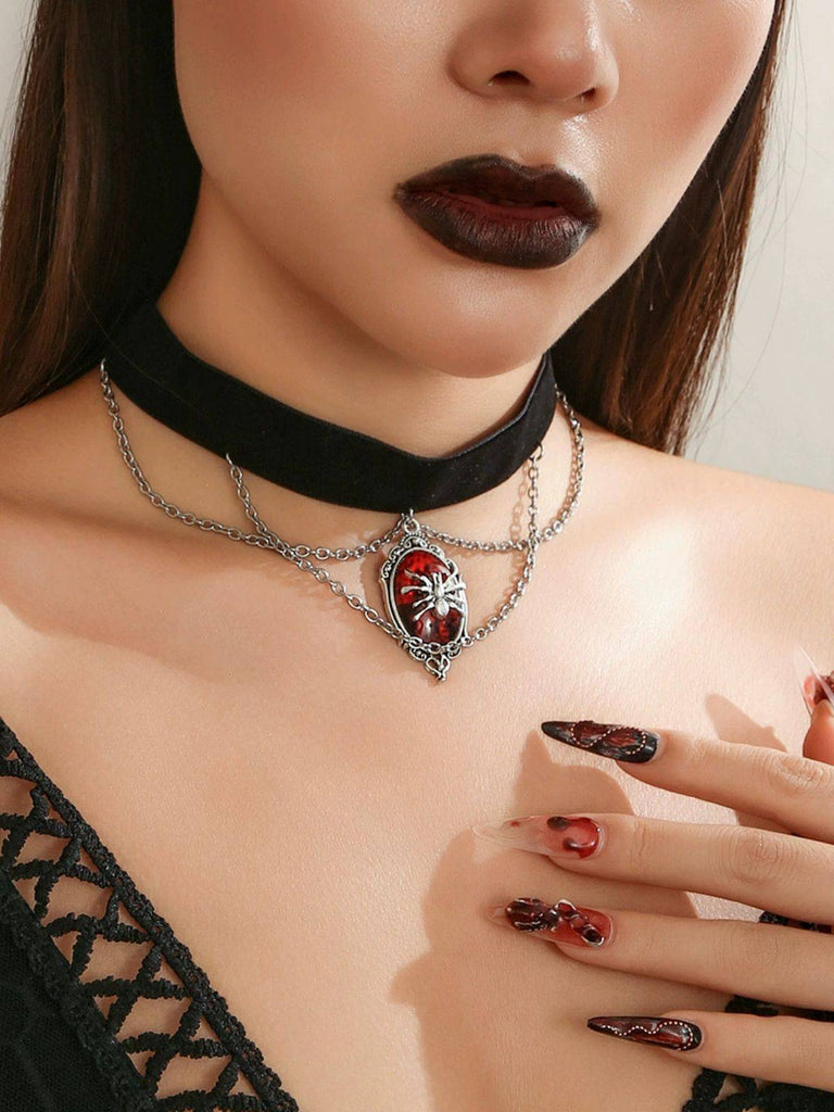 Gothic Spinne Rot Edelstein Anhänger Kette Choker Halskette