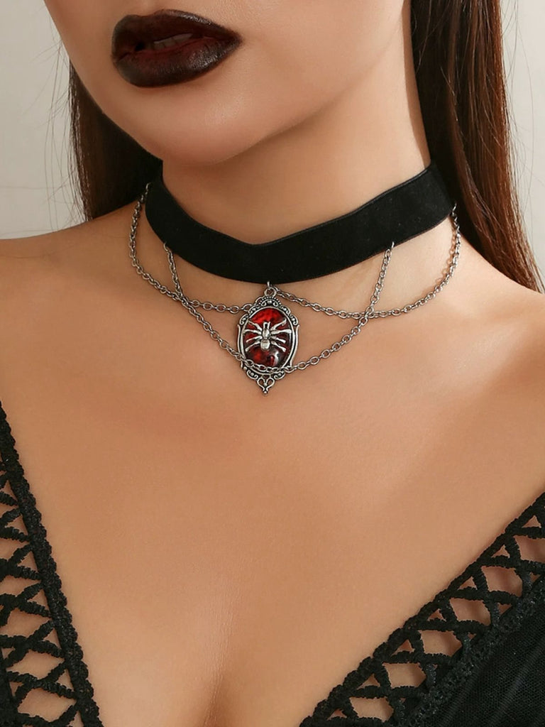 Gothic Spinne Rot Edelstein Anhänger Kette Choker Halskette