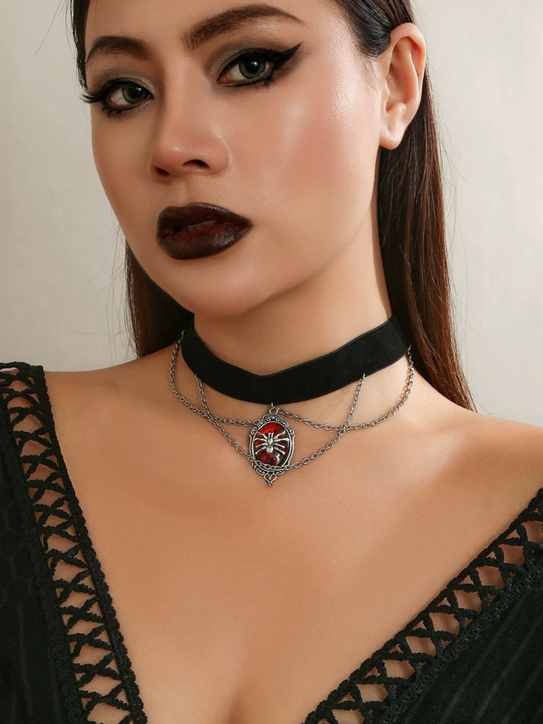 Gothic Spinne Rot Edelstein Anhänger Kette Choker Halskette