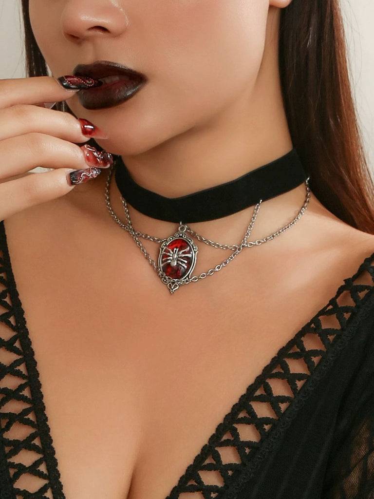 Gothic Spinne Rot Edelstein Anhänger Kette Choker Halskette