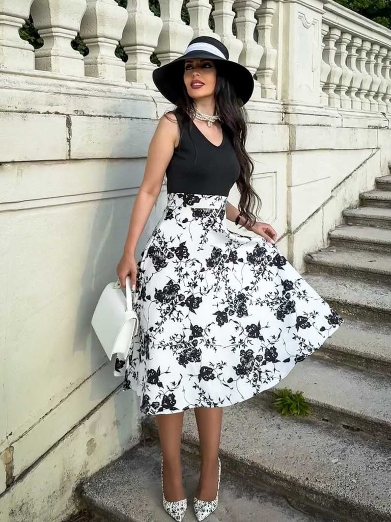 WEIß 1950ER BLUMENDRUCKEN GROßE GRÖßE KLEID