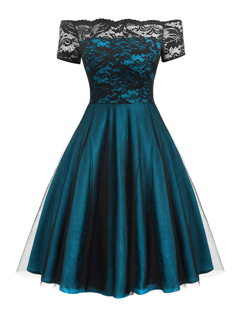 Weinrot 1950ER SCHULTERFREI SPITZE SWING BLUMEN KLEID