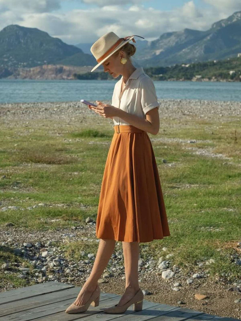 Khaki 1950er Patchwork V-Ausschnitt Kurzarm Swing Kleid