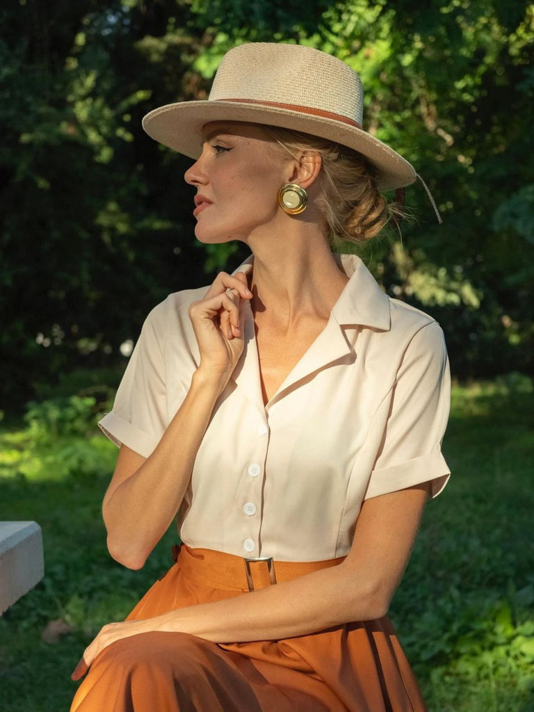 Khaki 1950er Patchwork V-Ausschnitt Kurzarm Swing Kleid