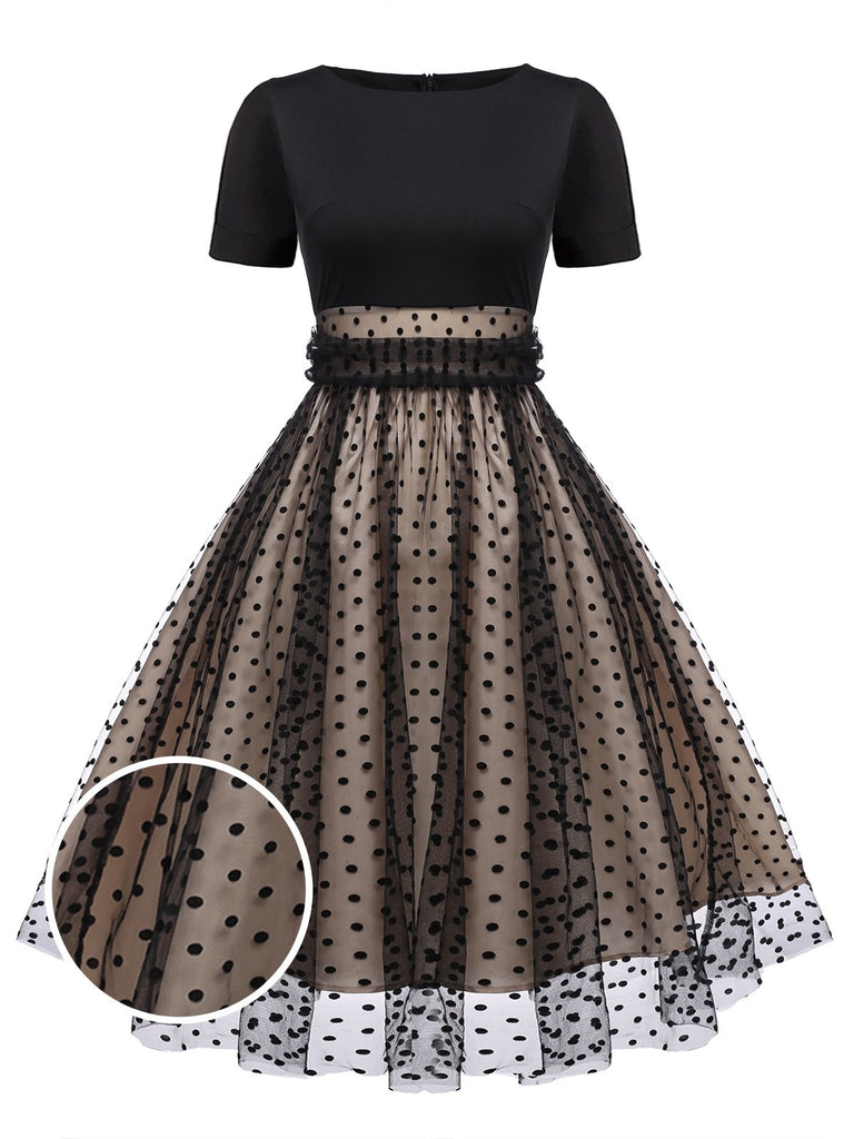 Beige & Schwarz 1950er Patchwork Polka Dots Swing Kleid