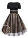 Beige & Schwarz 1950er Patchwork Polka Dots Swing Kleid