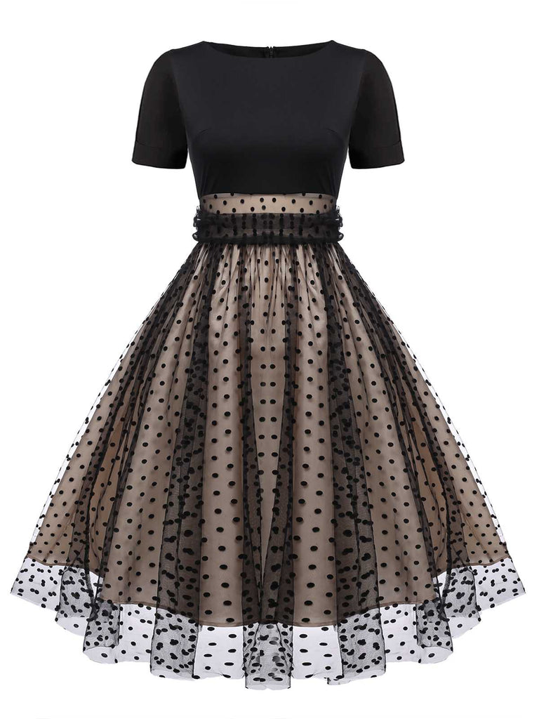 Beige & Schwarz 1950er Patchwork Polka Dots Swing Kleid
