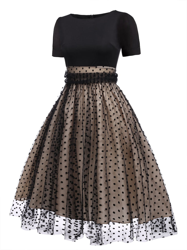 Beige & Schwarz 1950er Patchwork Polka Dots Swing Kleid