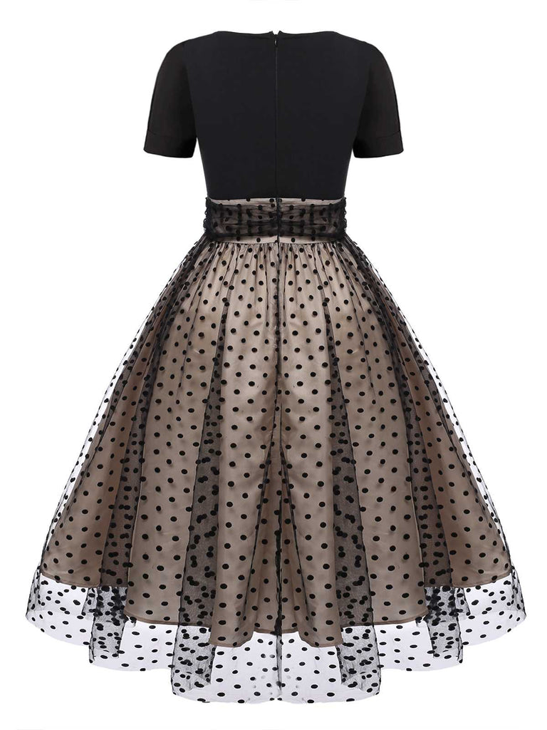 Beige & Schwarz 1950er Patchwork Polka Dots Swing Kleid