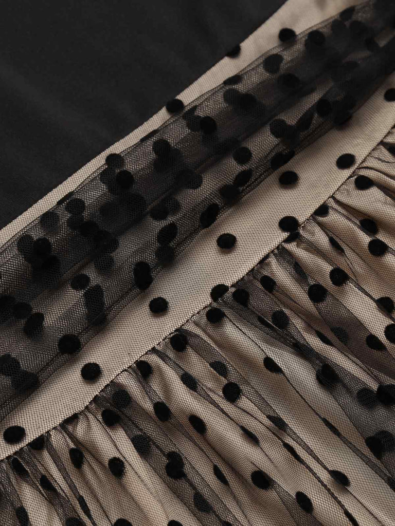 Beige & Schwarz 1950er Patchwork Polka Dots Swing Kleid