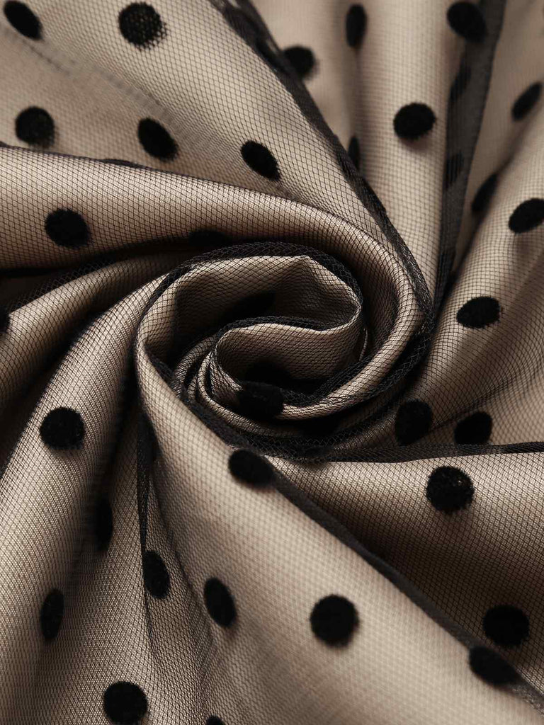 Beige & Schwarz 1950er Patchwork Polka Dots Swing Kleid
