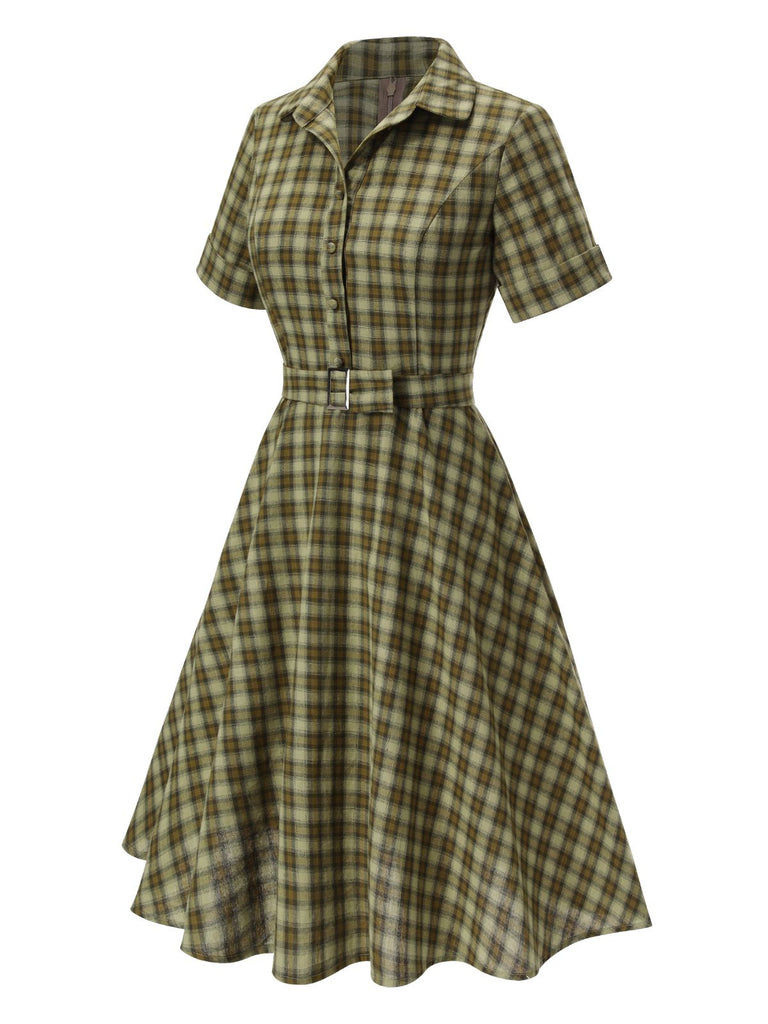 GRÜN 1950ER PLAID KURAZARM SWING KLEID