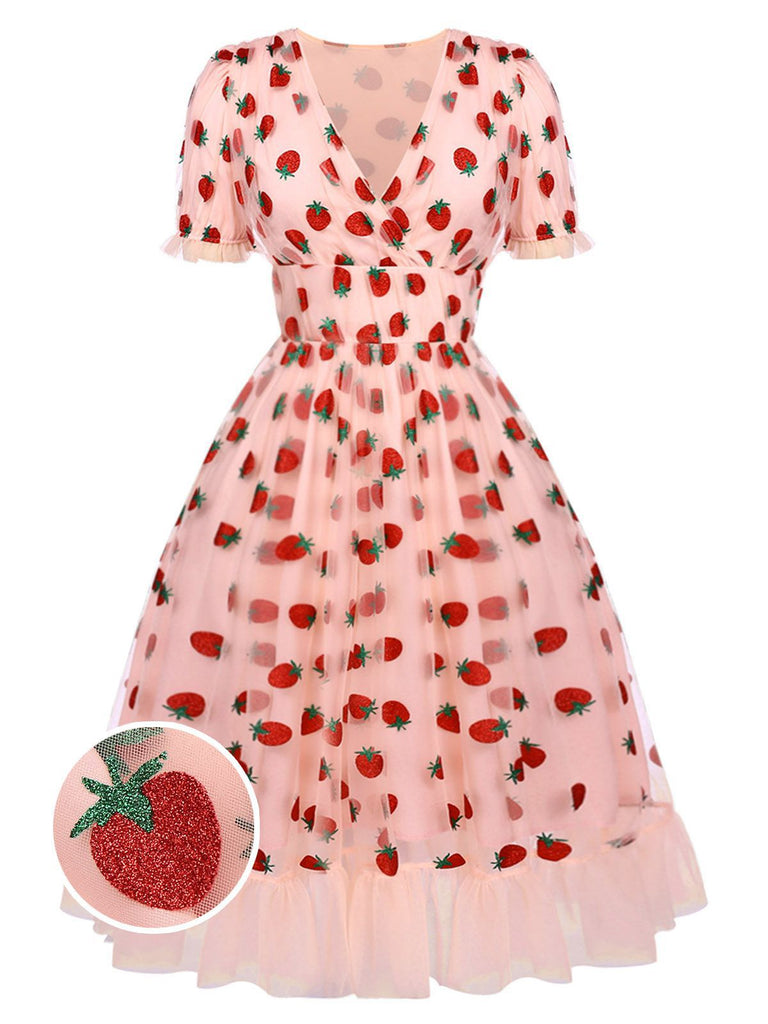 Rosa 1950er Spitze Erdbeere Swing Kleid