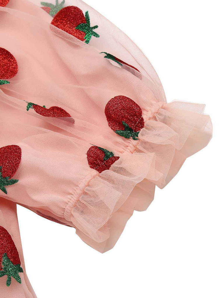 Rosa 1950er Spitze Erdbeere Swing Kleid