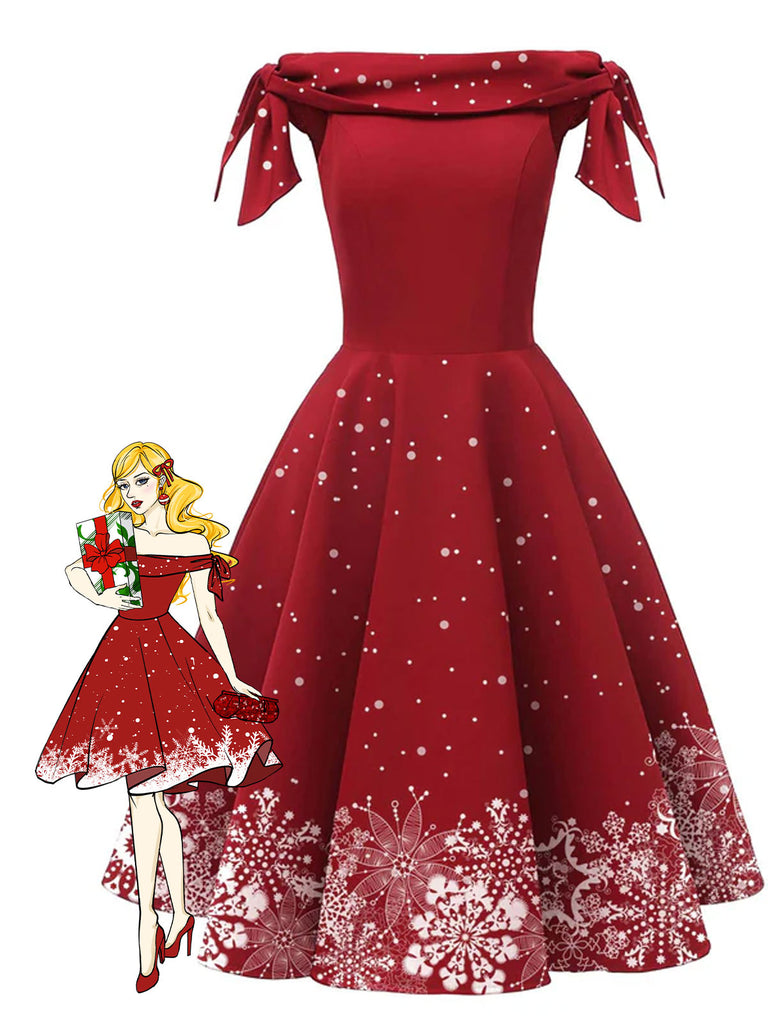 Rot 1950er Weihnachten Schulterfrei Schneeflocke Kleid