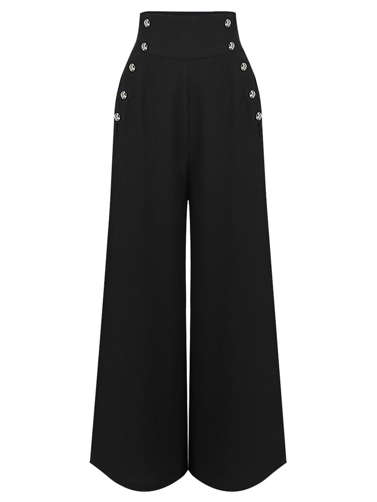2PCS Schwarz 1930er Streifen Krawattenkragen Rüschenärmel Bluse & Hose
