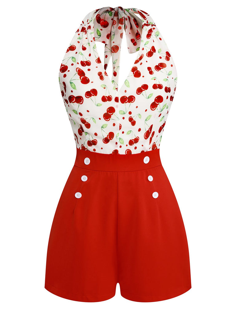 Rot 1950er Kirsche V-Ausschnitt Halter Schnürschuh Romper
