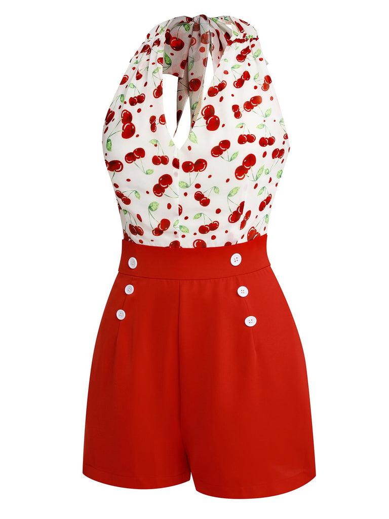 Rot 1950er Kirsche V-Ausschnitt Halter Schnürschuh Romper