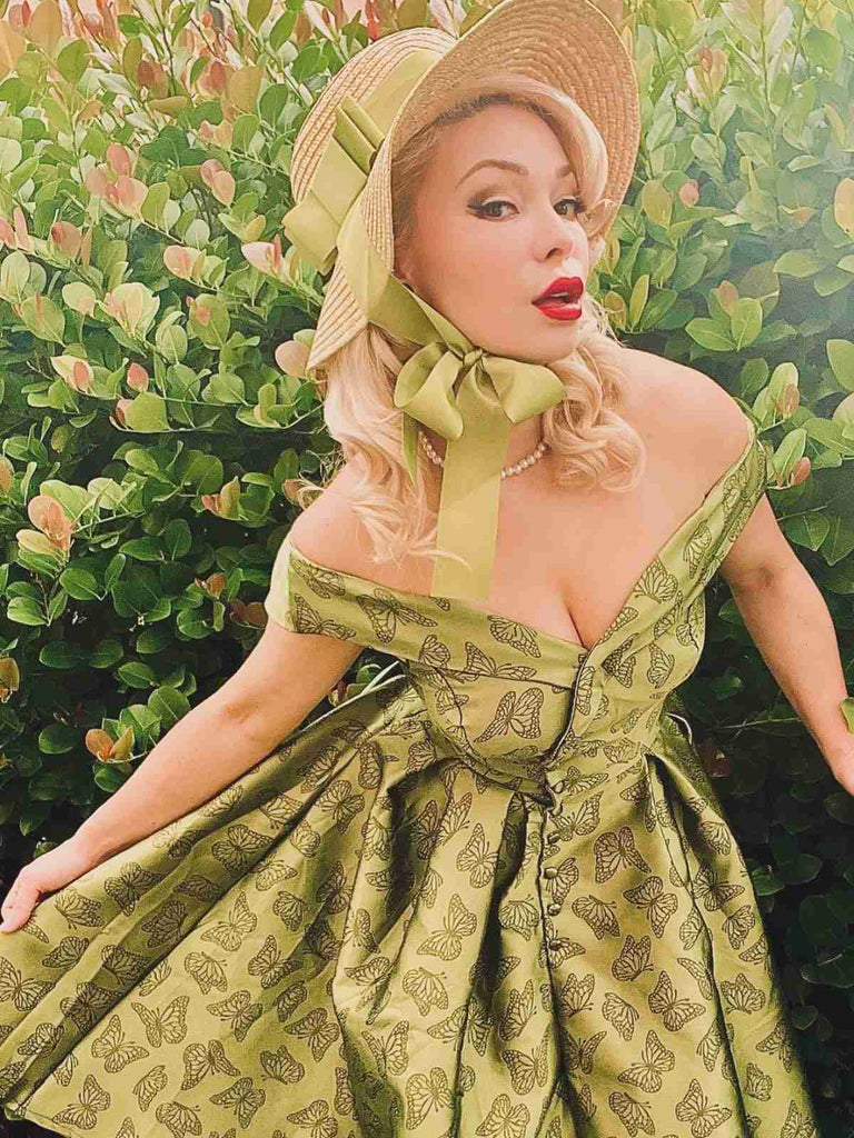 1950ER GRÜNES SCHULTERFREIES VINTAGE Schmetterling KLEID