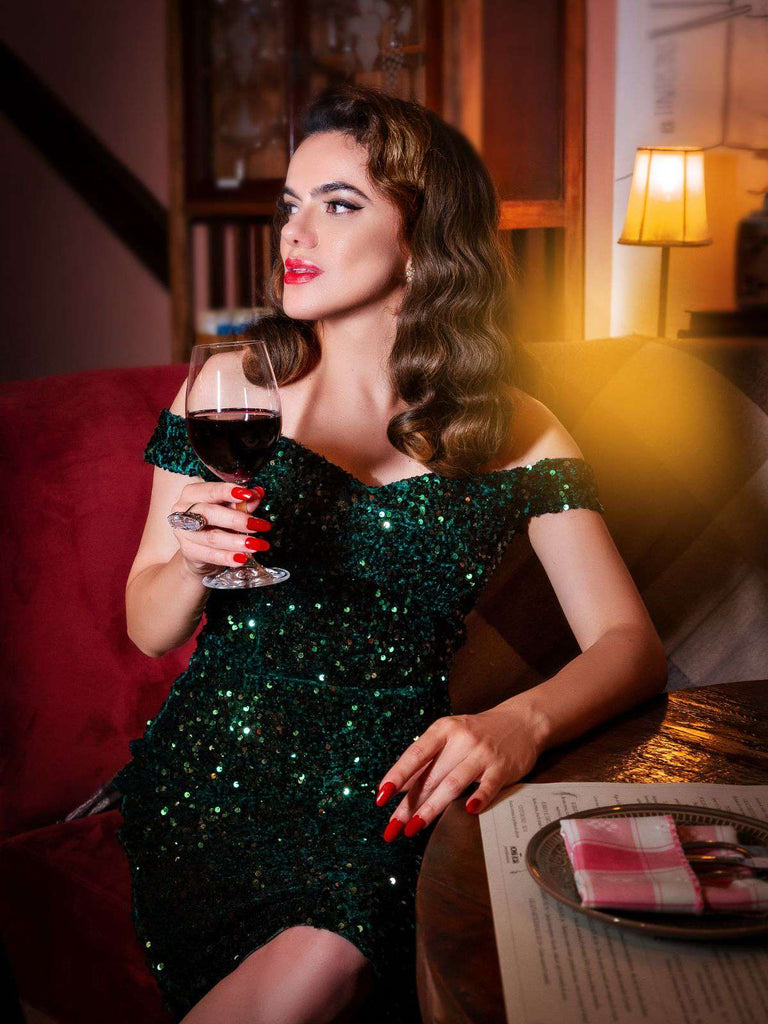 Grün 1960er Pailletten Schulterfrei Bleistift Kleid