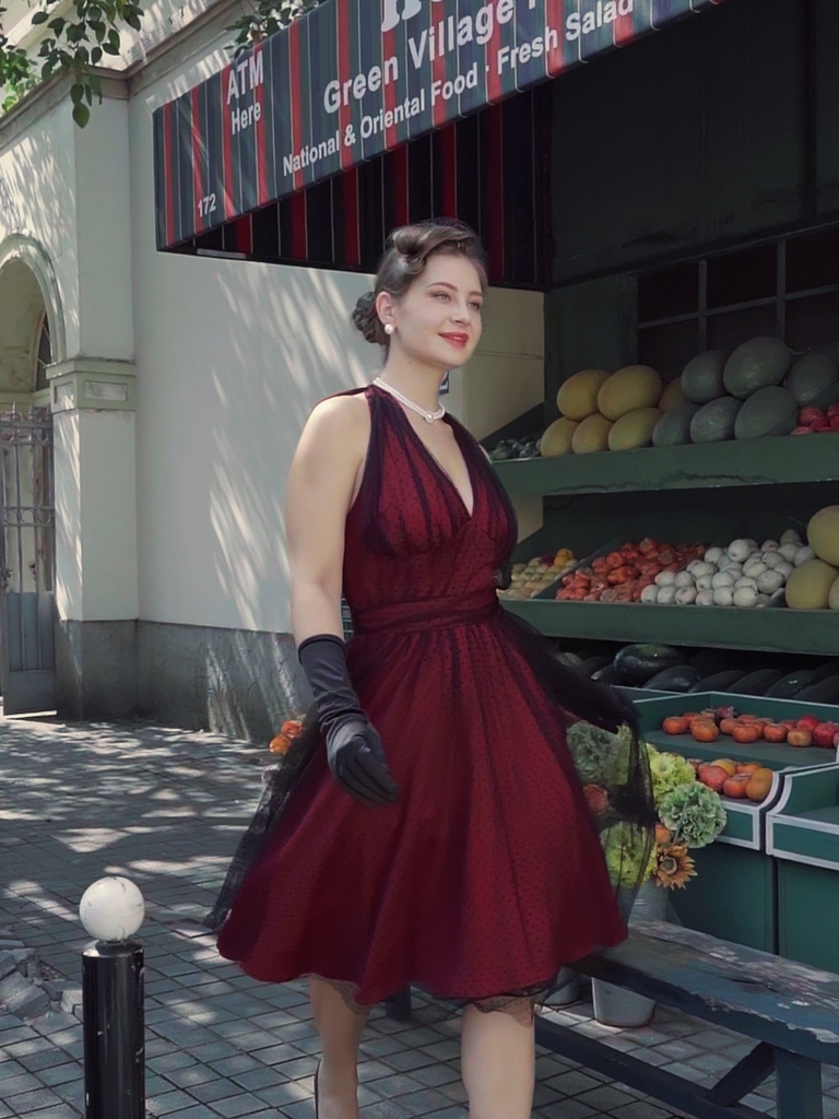 Dunkelrot 1950er Tupfen Netz Swing Kleid