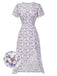 Lila 1930er Geblümtes V-Ausschnitt-Knopfkleid