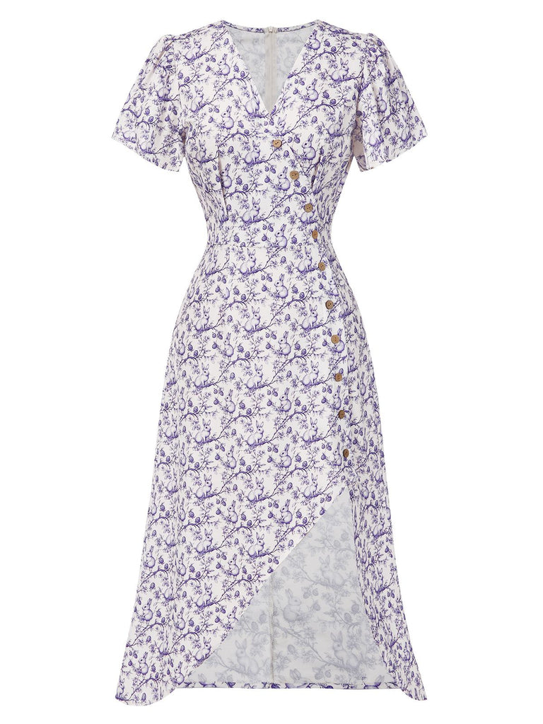 Lila 1930er Geblümtes V-Ausschnitt-Knopfkleid