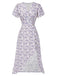 Lila 1930er Geblümtes V-Ausschnitt-Knopfkleid