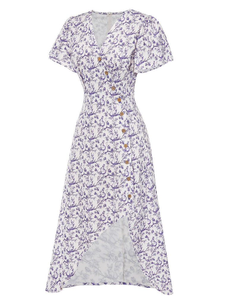 Lila 1930er Geblümtes V-Ausschnitt-Knopfkleid
