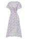 Lila 1930er Geblümtes V-Ausschnitt-Knopfkleid