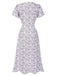 Lila 1930er Geblümtes V-Ausschnitt-Knopfkleid