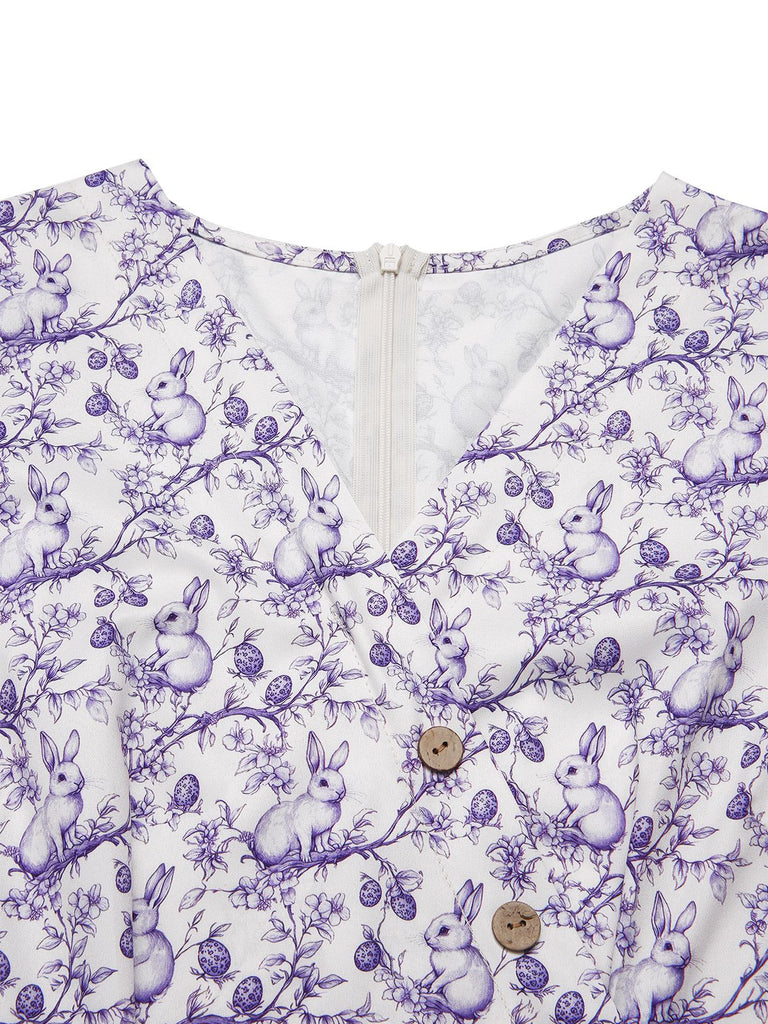 Lila 1930er Geblümtes V-Ausschnitt-Knopfkleid