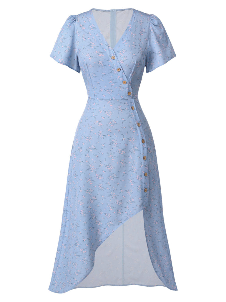 Lila 1930er Geblümtes V-Ausschnitt-Knopfkleid