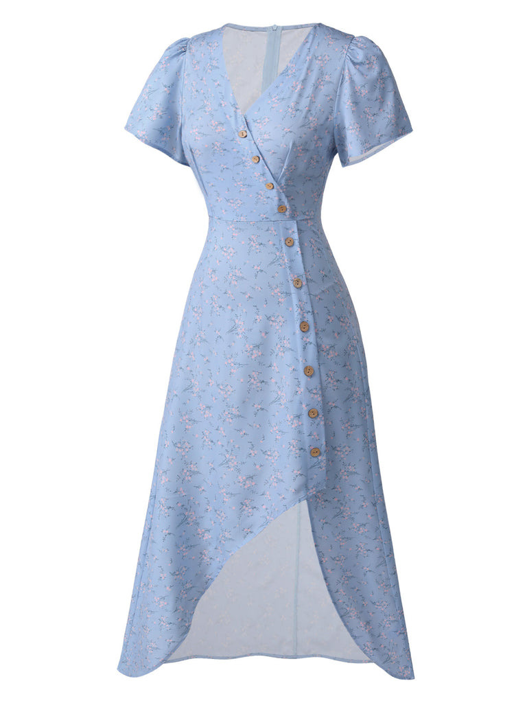 Lila 1930er Geblümtes V-Ausschnitt-Knopfkleid