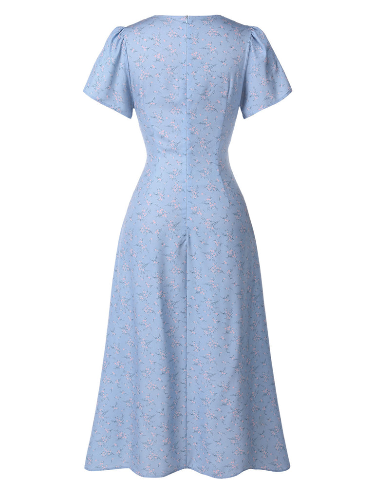 Lila 1930er Geblümtes V-Ausschnitt-Knopfkleid