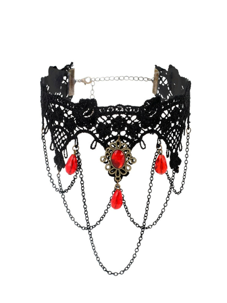 Rote Rose Gothic 3D Rose & Stickerei Spitze Choker Halskette