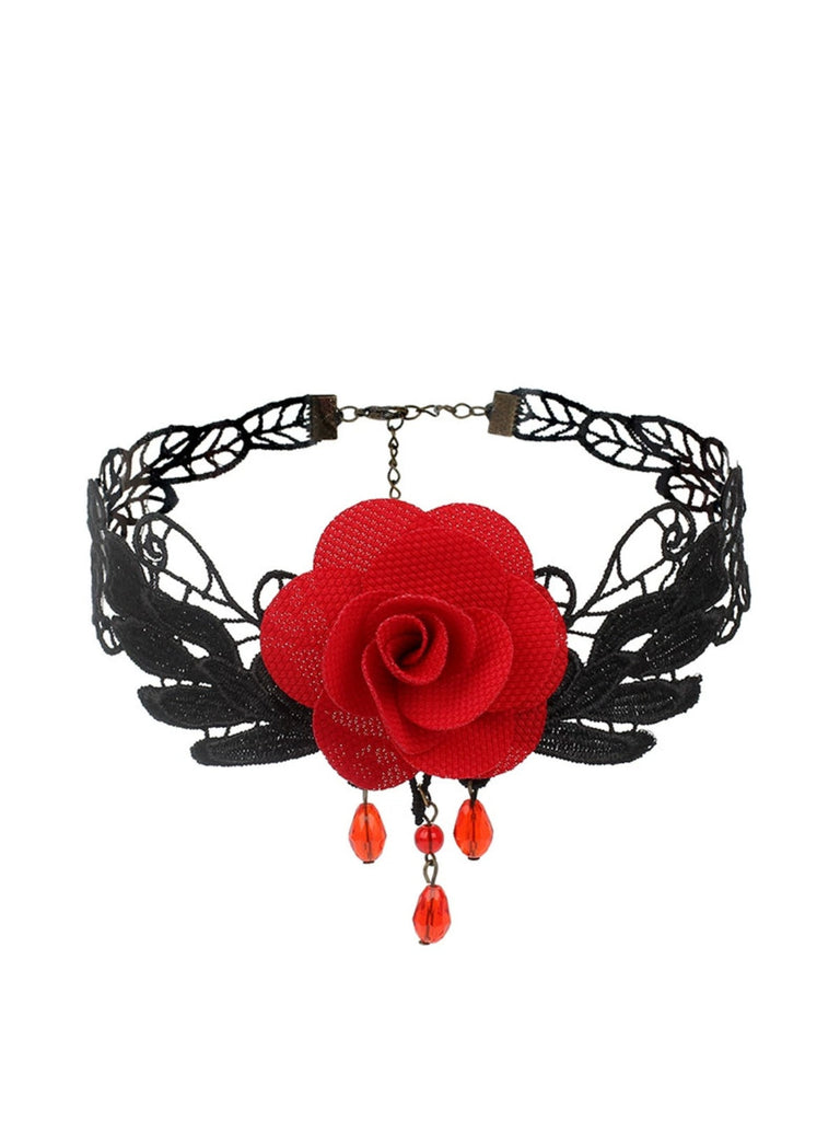 Rote Rose Gothic 3D Rose & Stickerei Spitze Choker Halskette