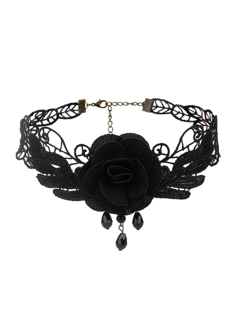 Rote Rose Gothic 3D Rose & Stickerei Spitze Choker Halskette