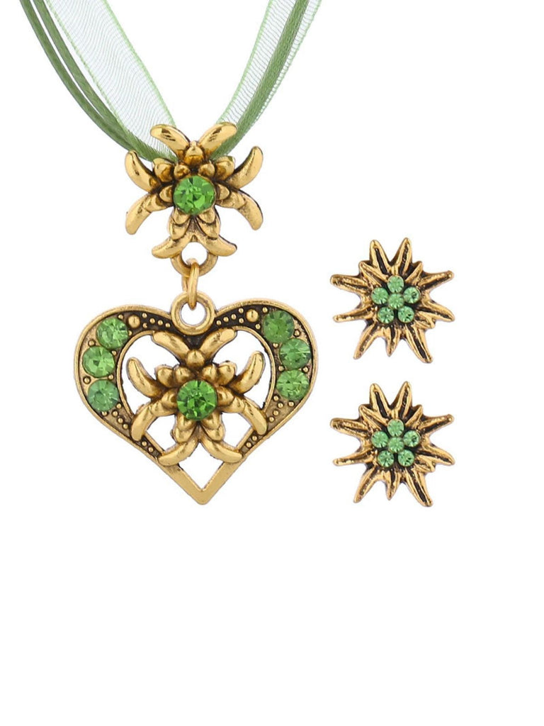 Oktoberfest Strassstein Edelweiß Herz Schleife Halskette & Ohrring Set