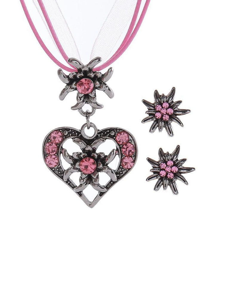 Oktoberfest Strassstein Edelweiß Herz Schleife Halskette & Ohrring Set