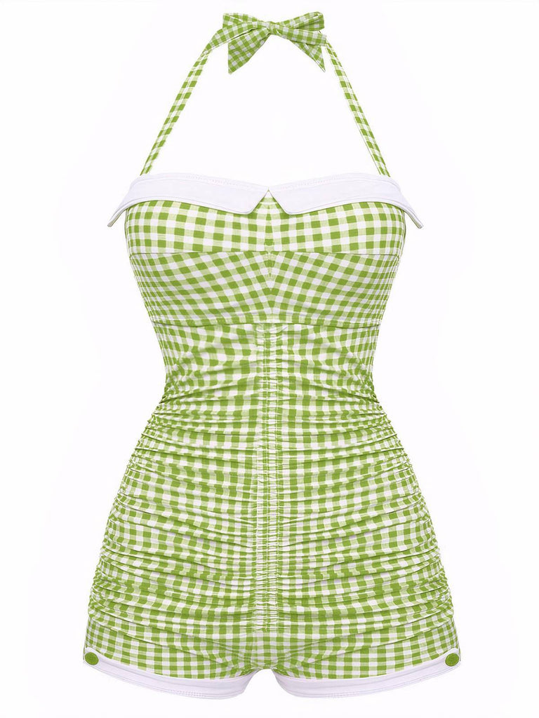 Gelb Gingham 1950er Schleife Neckholder Badeanzug