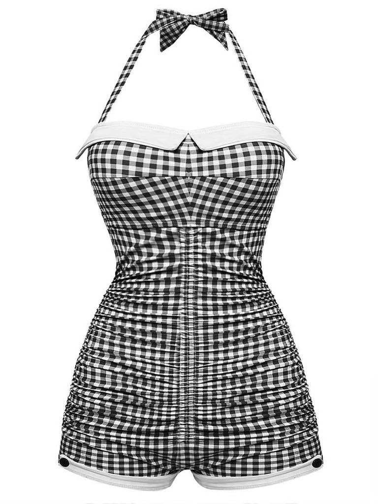 Gelb Gingham 1950er Schleife Neckholder Badeanzug