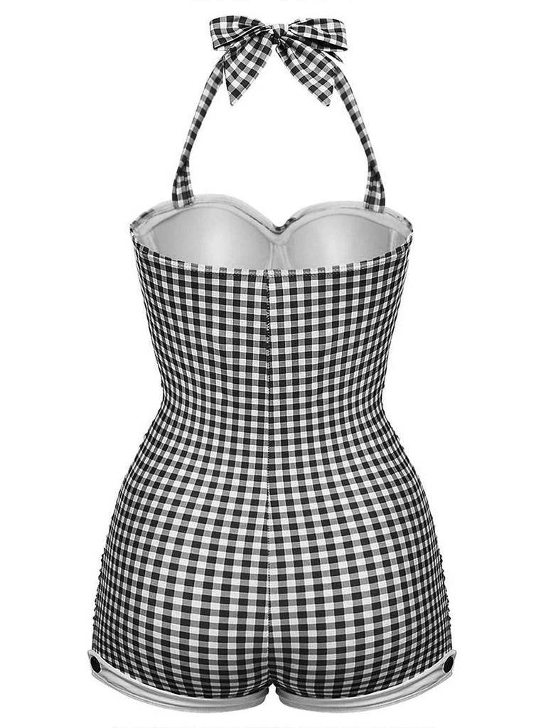 Gelb Gingham 1950er Schleife Neckholder Badeanzug